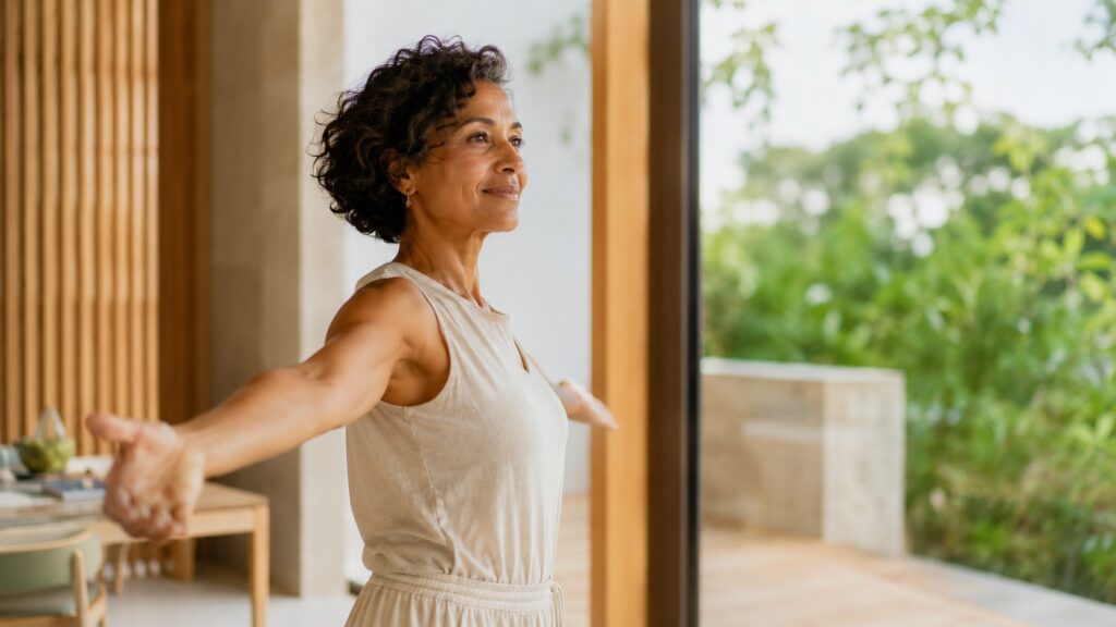 Image représentant une pratique de mouvement et de respiration favorisant vitalité, mobilité, équilibre physique et bien-être global dans les espaces santé et longévité du centre NÛMA.