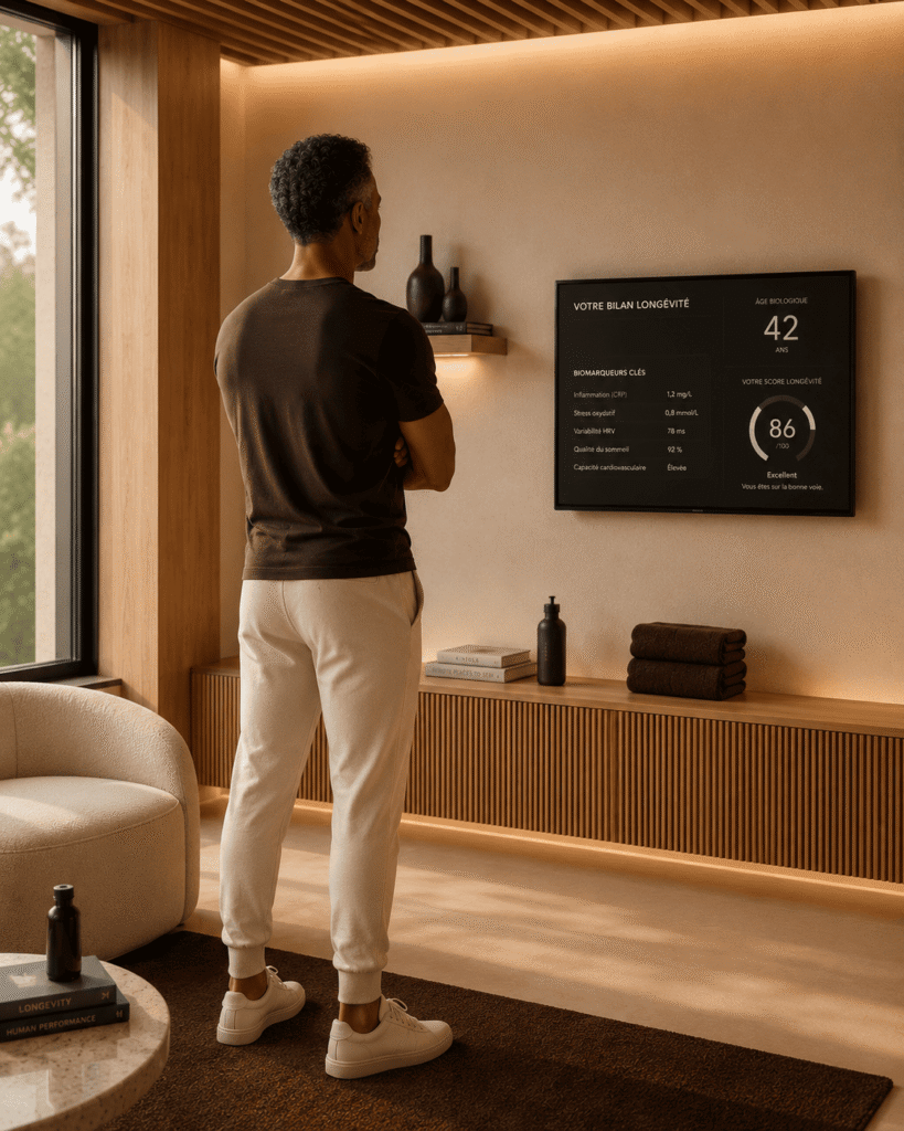 Image représentant une personne analysant les résultats de son bilan longévité dans un espace de consultation NÛMA. Les données affichées regroupent différents biomarqueurs de santé, indicateurs physiologiques et métriques de prévention permettant d’évaluer l’état de santé global et d’orienter un parcours personnalisé.